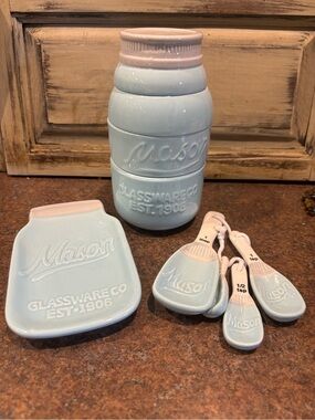 Mason Pastel Blue Ceramic Jar Set measuring spoons and more